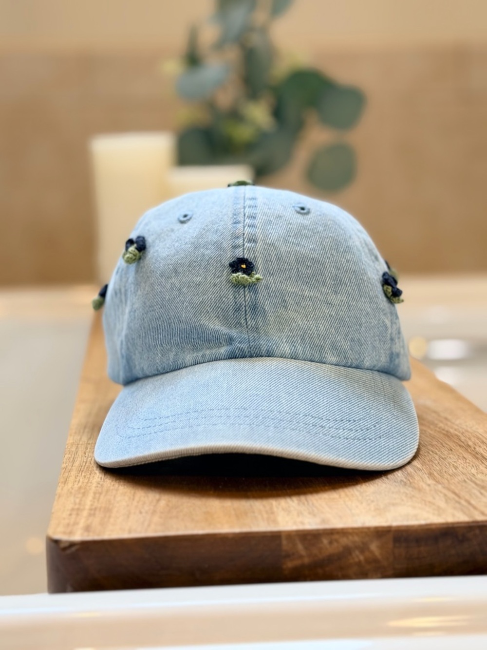 Clare V DENIM BASEBALL HAT Light Blue w/ Floral Appliqué $70.00 USD NWT